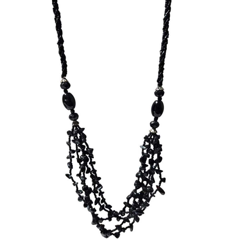 Elegant Black Beaded Multi-Strand Necklace Twisted Cord Faceted Accents